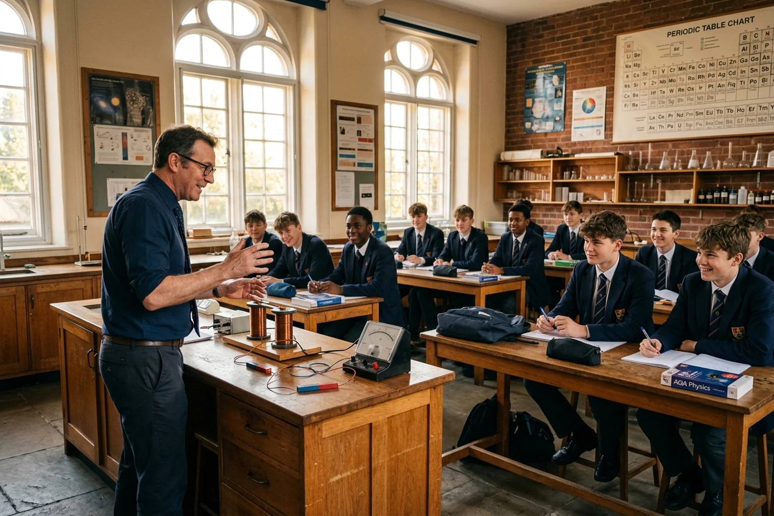 Secondary school physics teacher demonstrating electromagnetic induction to an attentive class of teenage schoolboys in a British laboratory