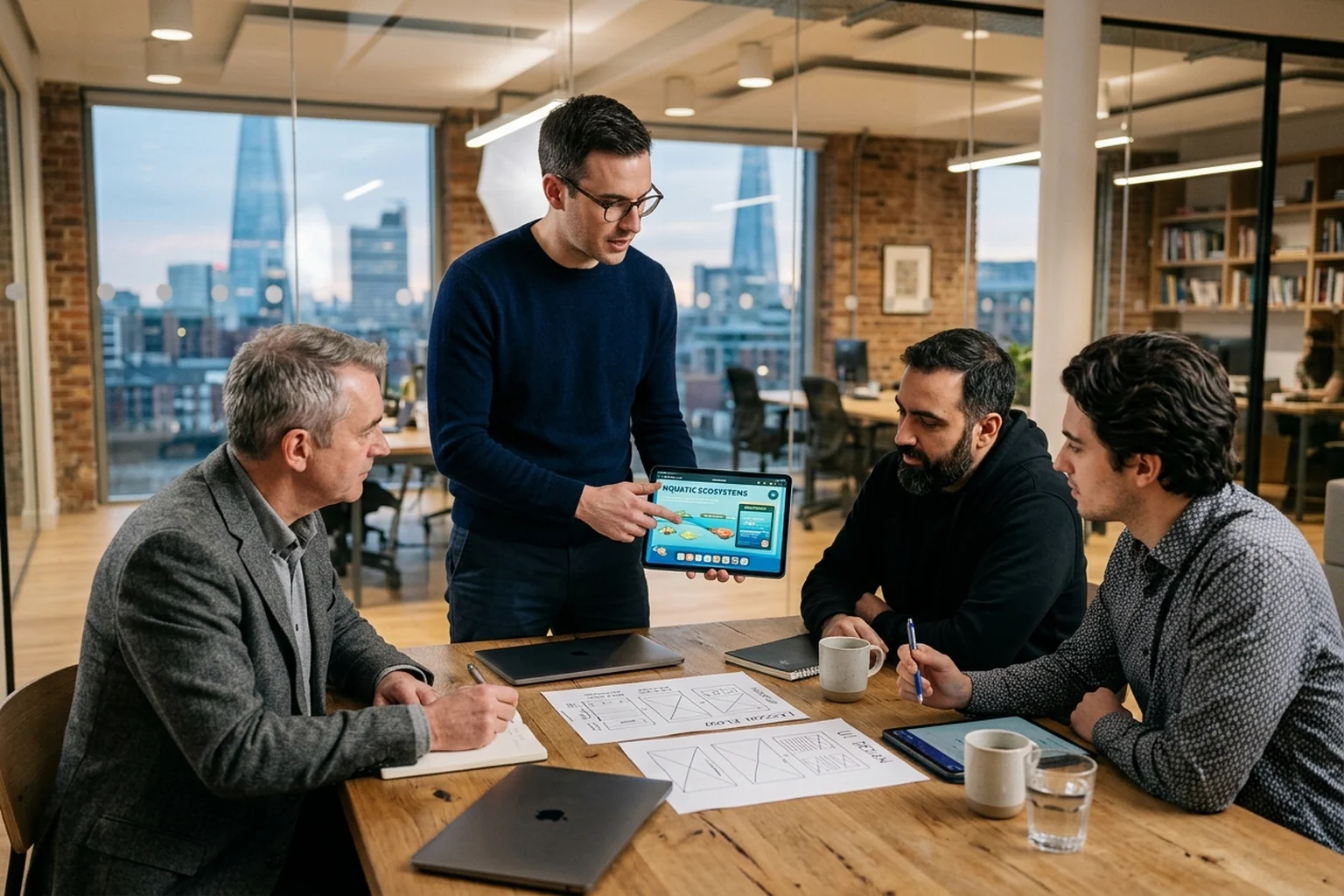 EdTech founder presenting an interactive science learning prototype to male colleagues and technical partners in a design studio