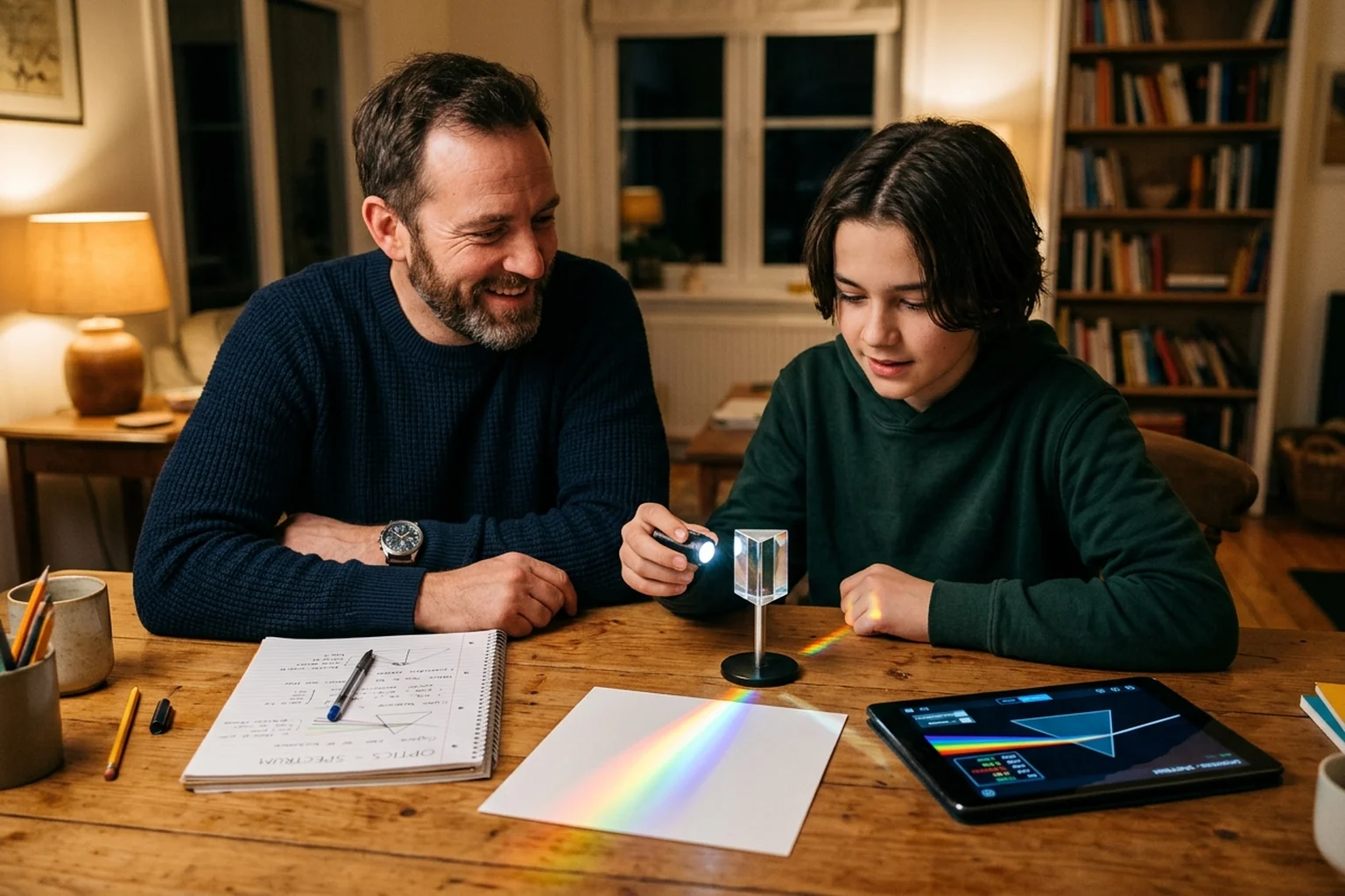 Father and teenage son conducting a hands-on physics optics experiment with a prism and tablet simulation at home
