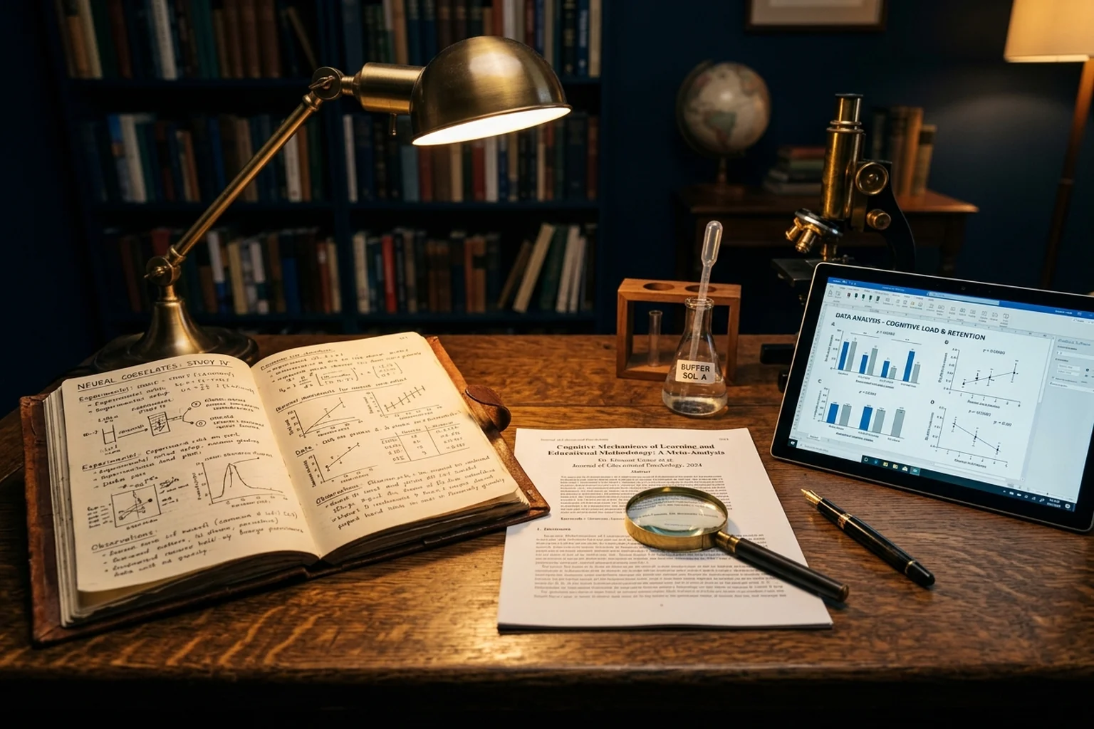 Scholarly research workstation with structured study journals, empirical research papers, and precision laboratory apparatus