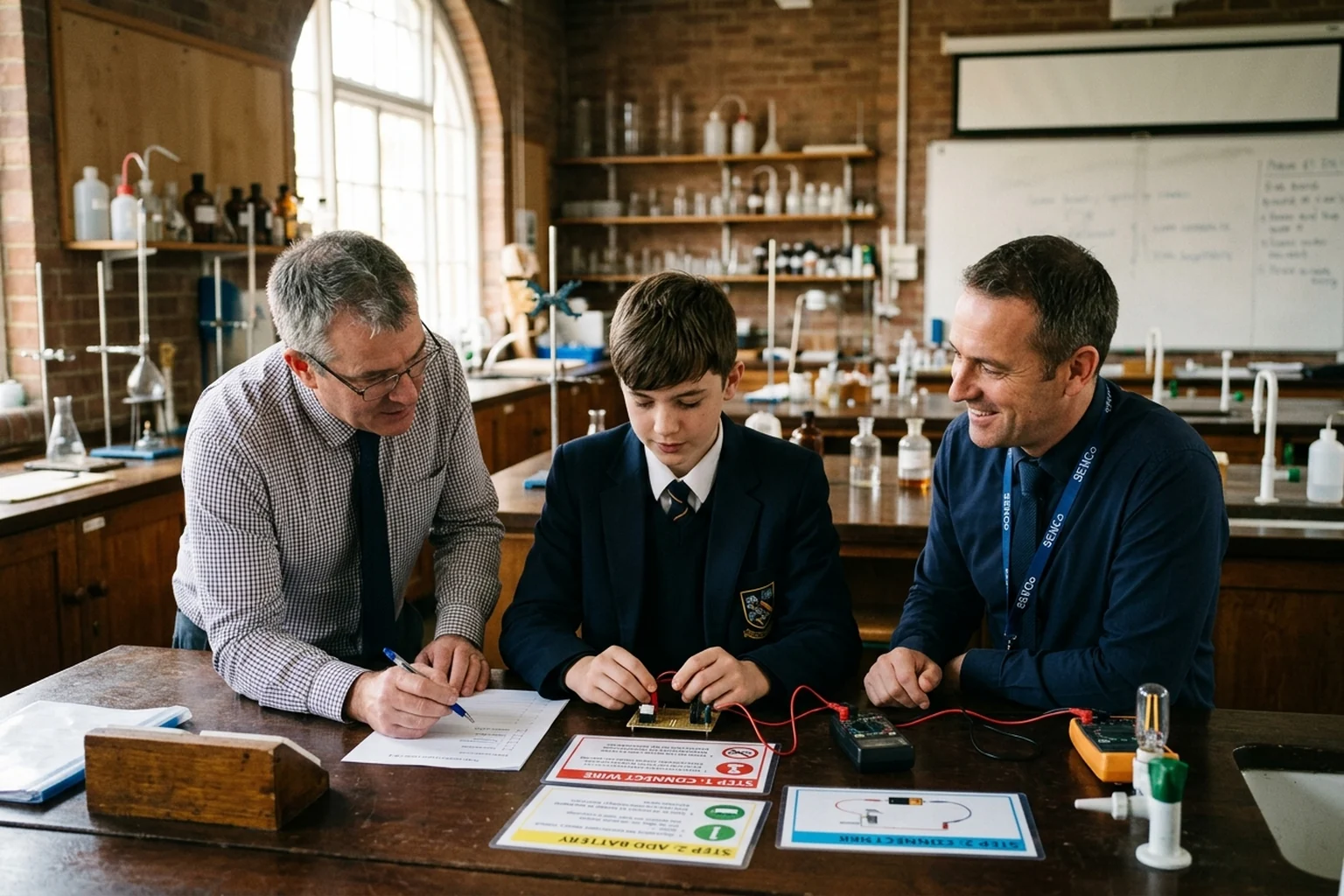Secondary science teacher and SENCo educator guiding a teenage schoolboy with structured practical scaffolding cards in a laboratory