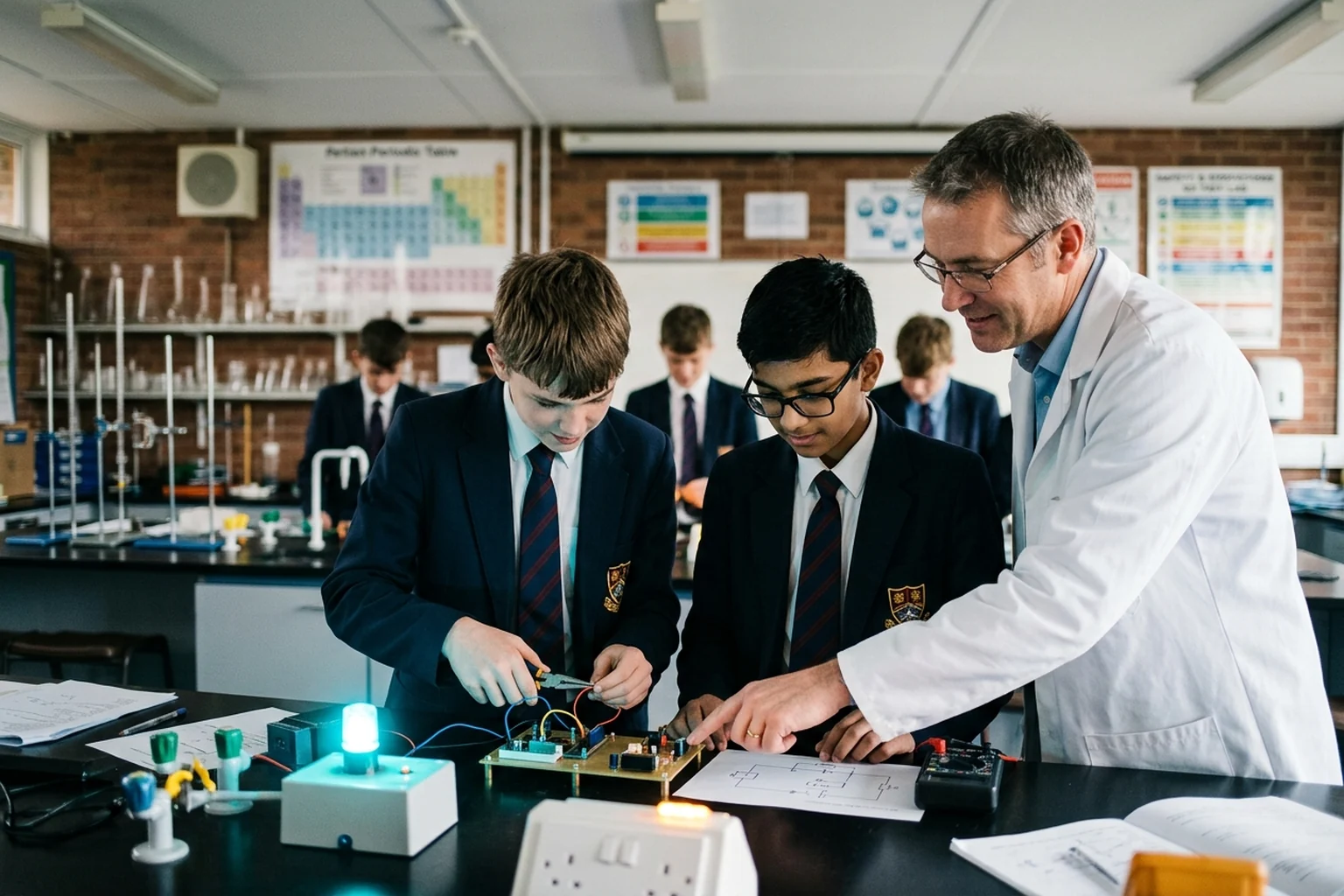 Secondary school teenage boys assembling an electrical circuit practical with a glowing LED and multimeter, guided by an encouraging male teacher in a modern laboratory
