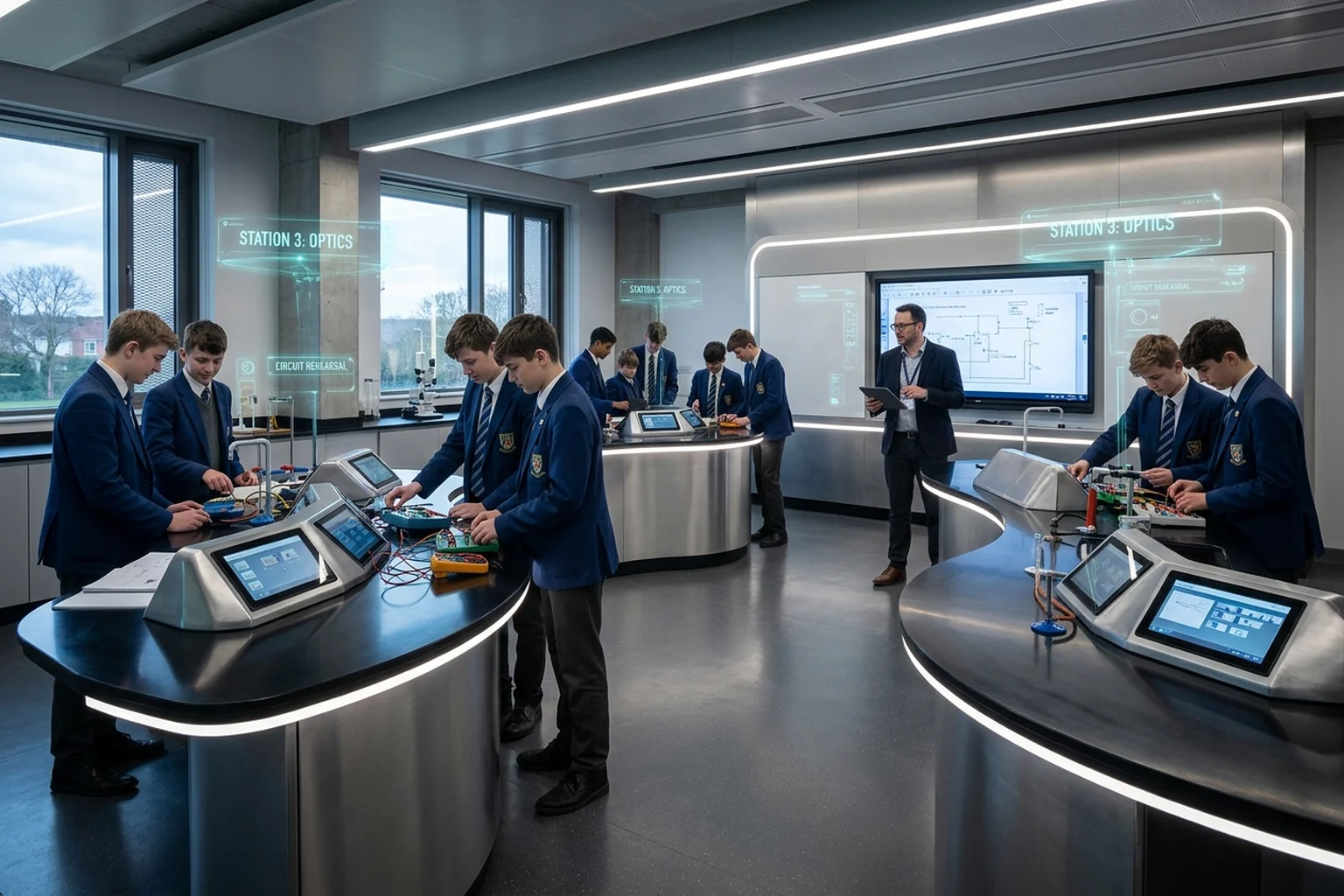 Conceptual 360-degree secondary school science laboratory with interactive cyan digital waypoints and experiment workstations for pre-lab rehearsal
